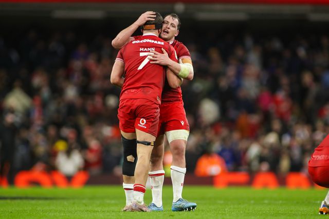 Ryan Elias and Alex Mann of Wales embrace at the final whistle during the Guinness Six Nations match Wales vs France at Principality Stadium, Cardiff, United Kingdom, 15th February 2026

(Photo by Andrew Lewis/News Images)
