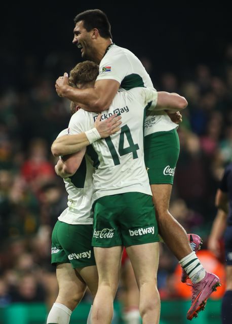 Ethan Hooker of South Africa celebrates scoring a try with his teammates during the Quilter Nations Series 2025 match Wales vs South Africa at Principality Stadium, Cardiff, United Kingdom, 29th November 2025

(Photo by Andrew Lewis/News Images)

*** GER AUT SUI OUT ***