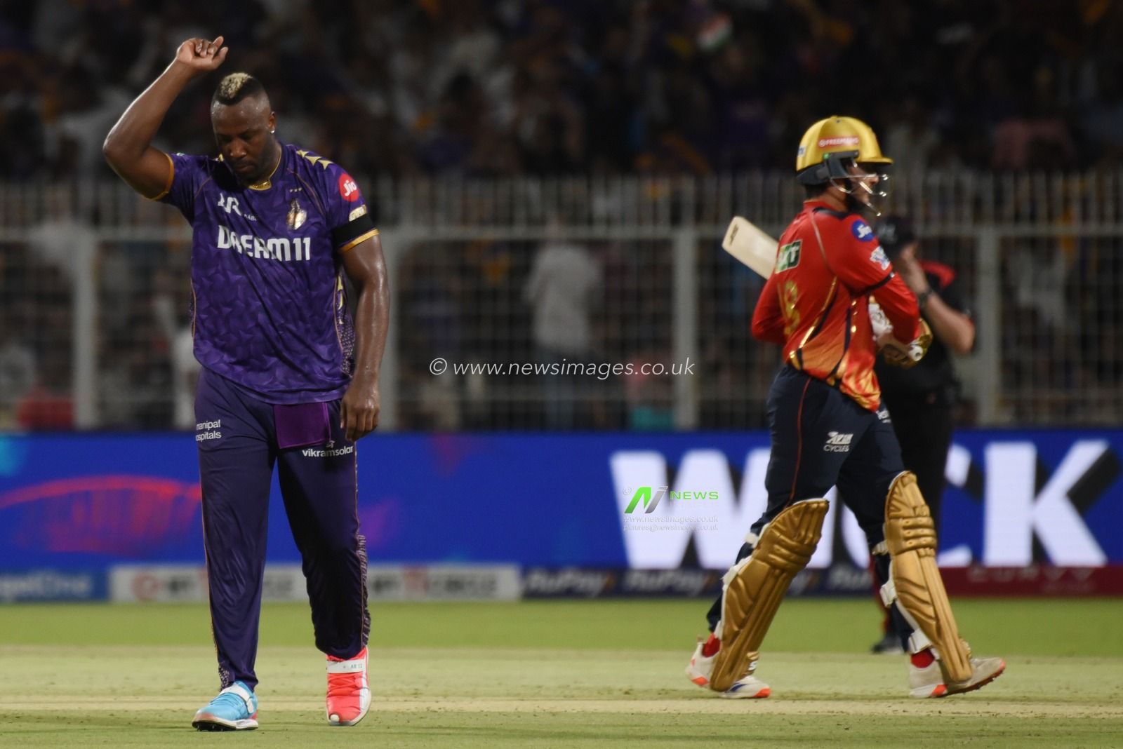 Andre Russell of Kolkata Knight Riders celebrates the wicket of Priyansh Arya of Punjab Kings during the 2025 IPL match between Kolkata Knight Riders and Punjab Kings at Eden Gardens on April 26, 2025, in Kolkata, India.Photo by Debajyoti Chakraborty.(Photo: Debajyoti Chakraborty/News Images)