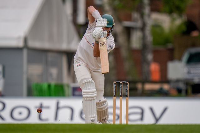 Josh Hull drives the ball down the ground during the County Championship Division One day 3 Leicestershire vs Nottinghamshire at Grace Road, Leicester, United Kingdom on 03 May 2026

(Photo by Maynard Manyowa/News Images)