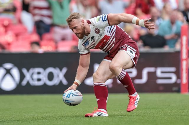 Luke Thompson of Wigan Warriors goes over for a try during the Betfred Challenge Cup Final match Wigan Warriors vs Hull KR at Wembley Stadium, London, United Kingdom on 30 May 2026

(Photo by Mark Cosgrove/News Images)