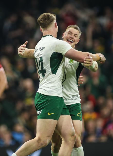 Ethan Hooker of South Africa celebrates scoring a try with his teammates during the Quilter Nations Series 2025 match Wales vs South Africa at Principality Stadium, Cardiff, United Kingdom, 29th November 2025

(Photo by Andrew Lewis/News Images)

*** GER AUT SUI OUT ***