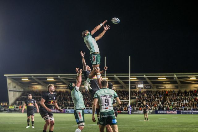 Joaquin Moro of Leicester Tigers jumps up to win the high ball during the Premiership Rugby Cup match Newcastle Red Bulls vs Leicester Tigers at Kingston Park, Newcastle, United Kingdom, 31st October 2025

(Photo by Alfie Cosgrove/News Images)

*** GER AUT SUI OUT ***
