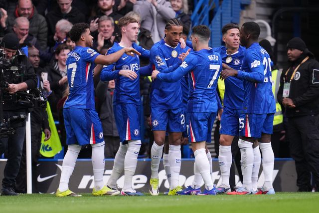 Chelsea players celebrate 1-0 lead during the Premier League match Chelsea vs Burnley at Stamford Bridge, London, United Kingdom on 21 February 2026

(Photo by Harvey Murphy/News Images)