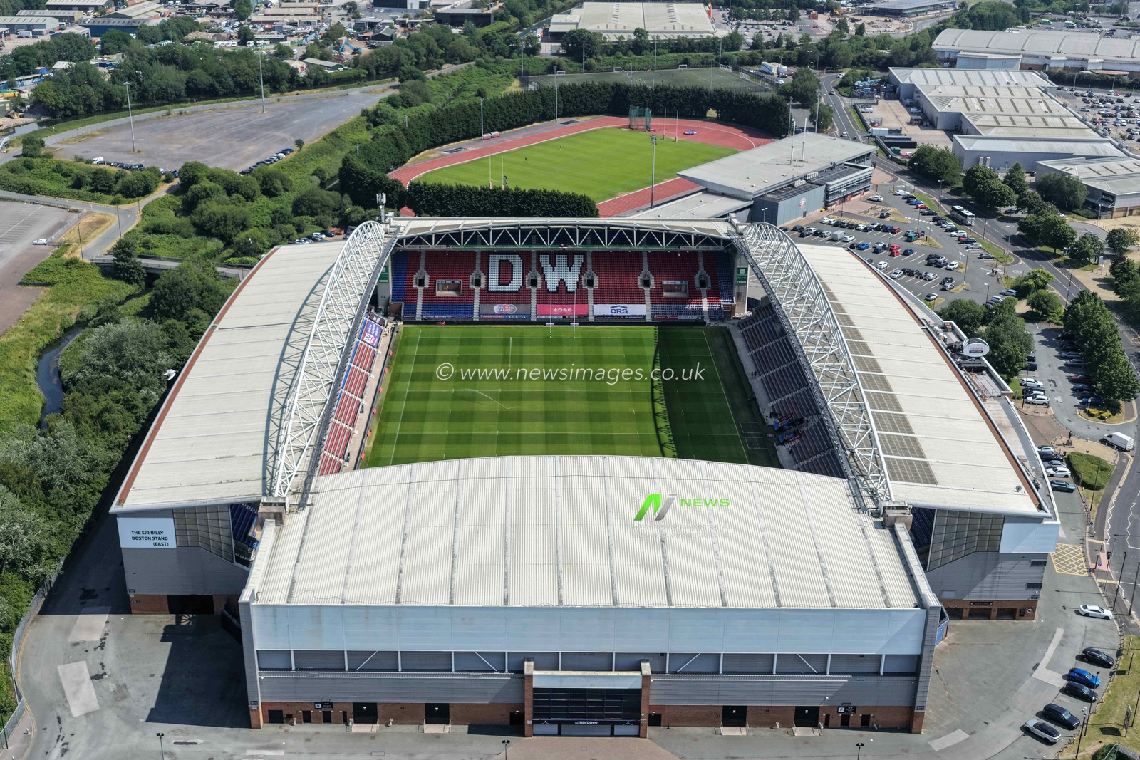An aerial view of The Brick Community Stadium during the Betfred Super League round 18 match Wigan Warriors vs Warrington Wolves at The Brick Community Stadium, Wigan, United Kingdom on 10 July 2026

(Photo by Mark Cosgrove/News Images)