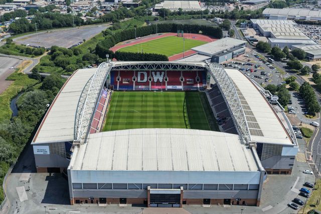 An aerial view of The Brick Community Stadium during the Betfred Super League round 18 match Wigan Warriors vs Warrington Wolves at The Brick Community Stadium, Wigan, United Kingdom on 10 July 2026

(Photo by Mark Cosgrove/News Images)