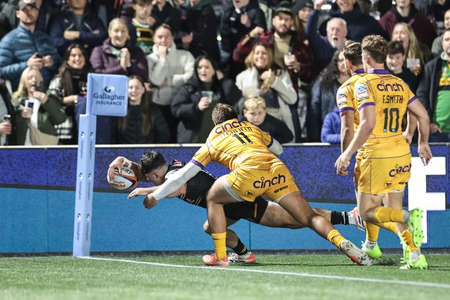 Oli Spencer of Newcastle Red Bulls goes over for a try during the Gallagher Premiership match Newcastle Red Bulls vs Northampton Saints at Kingston Park, Newcastle, United Kingdom, 17th October 2025

(Photo by Mark Cosgrove/News Images)