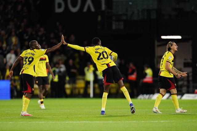 Mamadou Doumbia of Watford and Edo Kayembe of Watford celebrate 1-1 during the Sky Bet Championship match Watford vs Preston North End at Vicarage Road, Watford, United Kingdom on 08 September 2026

(Photo by Harvey Murphy/News Images)