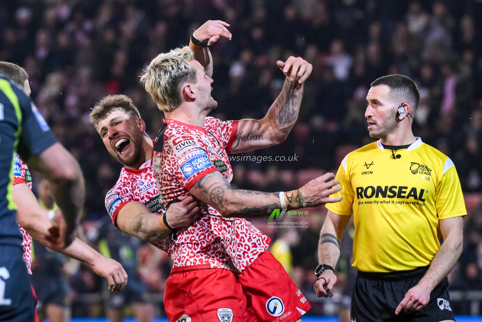 Ethan O'neill of Leigh Leopards celebrates his try during the Betfred Super League Round 3 match Leigh Leopards vs Catalans Dragons at Leigh Sports Village, Leigh, United Kingdom, 28th February 2025

(Photo by Craig Thomas/News Images)