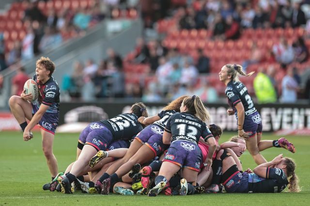 Wigan Warriors celebrate becoming League Leadersâ€™ Shield winners during the Betfred Women's Super League Round 13 match St Helens Women vs Wigan Warriors Women at Totally Wicked Stadium, St Helens, United Kingdom, 5th September 2025

(Photo by Mark Cosgrove/News Images)