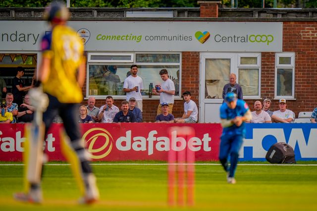 Fans look on as Ollie Robinson of Durham is caught during the Vitality Blast T20 match between Derbyshire Falcons and Durham Cricket at The Central Co-Op County Ground, Derby, United Kingdom on 22 May 2026

(Photo by Maynard Manyowa/News Images)