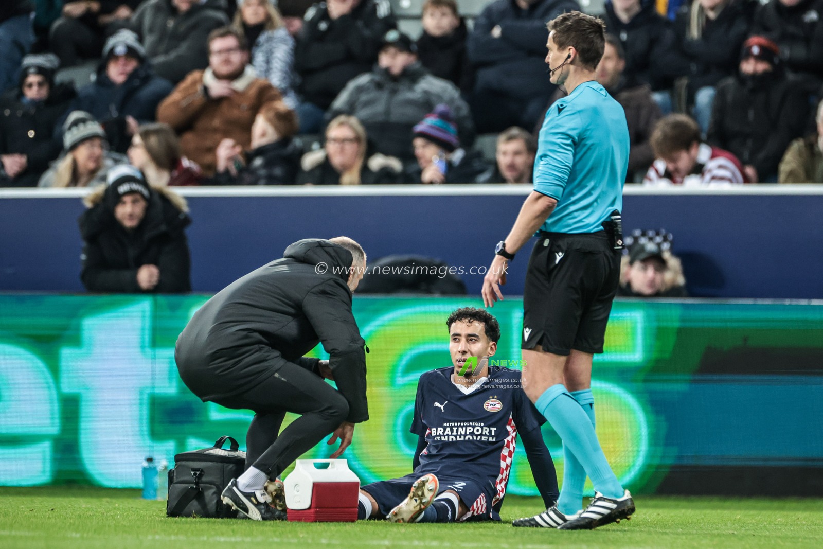 Anass Salah-Eddine of PSV Eindhoven is treated for an injury during the UEFA Champions League Matchday 7 of 8 Newcastle United v PSV Eindhovenn at St. James's Park, Newcastle, United Kingdom, 21st January 2026

(Photo by Mark Cosgrove/News Images)