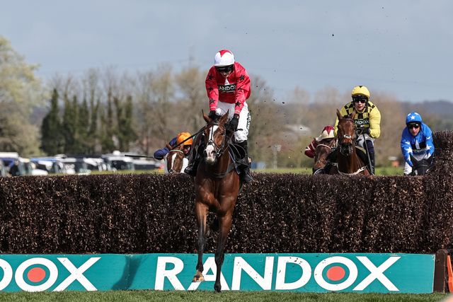 Mirabad ridden by Tristan Durrell jumps the last fence and runs on to win the 12:45 Hallgarten & Novum Wines Maghull Novices' Chase during the 2026 Randox Grand National Day at Aintree Racecourse, Aintree, United Kingdom on 11 April 2026

(Photo by Mark Cosgrove/News Images)