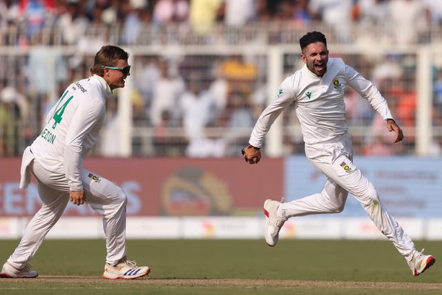 Keshav Maharaj of South Africa celebrates with Sisanda Magala of South Africa after dismissing Mohammed Siraj of India caught by Aiden Markram of South Africa South Africa win by 30 runs during the IDFC First Bank Test Day 3 match India vs South Africa at Eden Gardens, Kolkata, India, 16th November 2025

(Photo by Shubhajit Roy Karmakar/News Images)