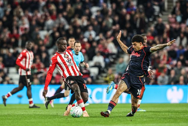 Habib Diarra of Sunderland and Morgan Gibbs-White of Nottingham Forest battle for the ball during the Premier League match Sunderland vs Nottingham Forest at Stadium Of Light, Sunderland, United Kingdom on 24 April 2026

(Photo by Alfie Cosgrove/News Images)