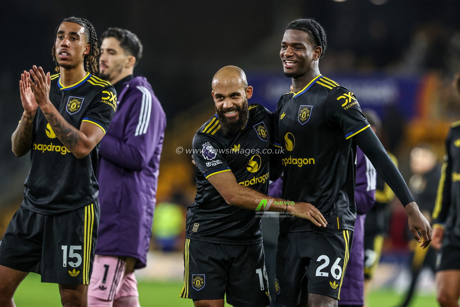 Bryan Mbeumo of Manchester Untied celebrates the win with Ayden Heaven of Manchester Untied during the Premier League match Wolverhampton Wanderers vs Manchester United at Molineux, Wolverhampton, United Kingdom, 8th December 2025

(Photo by Alfie Cosgrove/News Images)

*** GER AUT SUI OUT ***
