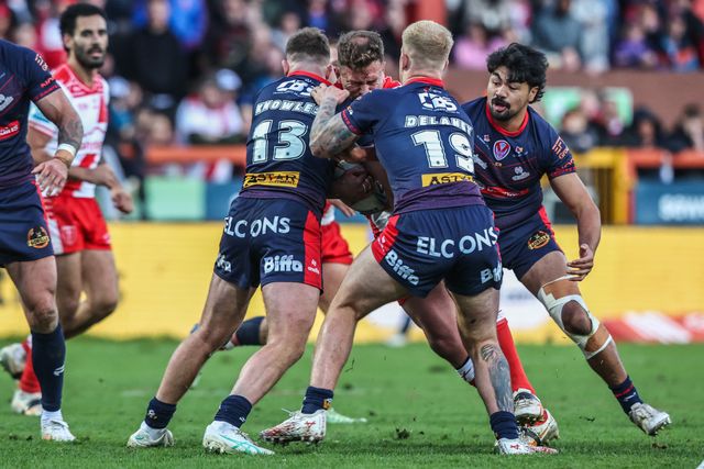Jai Whitbread of Hull KR is tackled during the Betfred Super League Semi Final 2 match Hull KR vs St Helens at Sewell Group Craven Park, Kingston upon Hull, United Kingdom, 3rd October 2025

(Photo by Alfie Cosgrove/News Images)