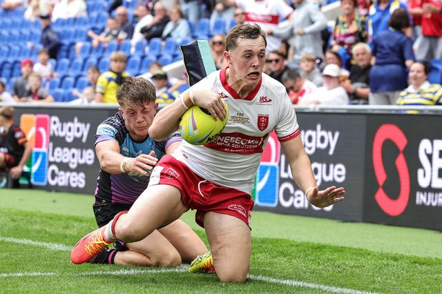 Jack Broadbent of Hull KR goes over but his left foot touches the line and ruled out, NO TRY during the Betfred Super League Magic Weekend match Hull KR vs Hull FC at Hill Dickinson Stadium, Liverpool, United Kingdom on 04 July 2026

(Photo by Mark Cosgrove/News Images)