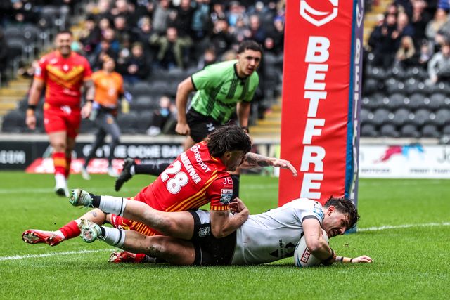 Arthur Romano of Hull FC goes over for a try during the Betfred Super League round 6 match Hull FC vs Catalans Dragons at MKM Stadium, Hull, United Kingdom on 29 March 2026

(Photo by Alfie Cosgrove/News Images)
