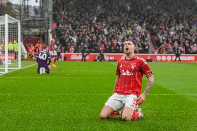 Neco Williams of Nottingham Forest celebrates his goal to make it  1-1 during the Premier League match Nottingham Forest vs Aston Villa at City Ground, Nottingham, United Kingdom on 12 April 2026

(Photo by Maynard Manyowa/News Images)
