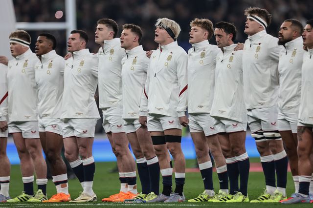 Henry Pollock of England and team mates sing God Save The King during the Quilter Nations Series 2025 match England vs Fiji at Allianz Stadium, Twickenham, United Kingdom, 8th November 2025
(Photo by Mark Cosgrove/News Images)

*** GER AUT SUI OUT ***