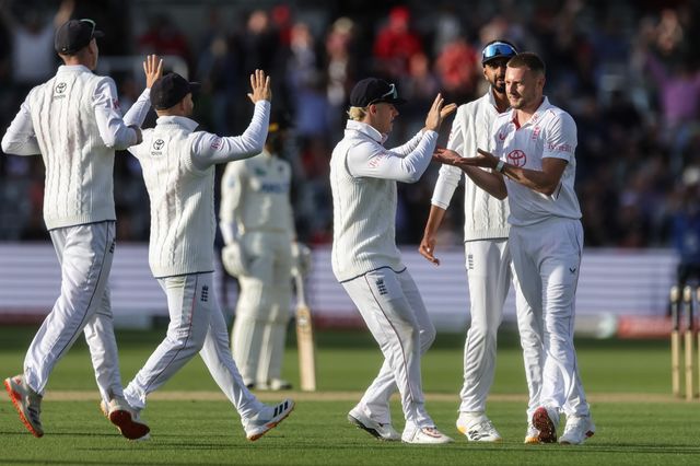 Gus Atkinson of England celebrates the wicket of Will O'Rourke of New Zealand during the 1st Rothesay Test Match Day 2 match England vs New Zealand at Lords, London, United Kingdom on 05 June 2026

(Photo by Mark Cosgrove/News Images)