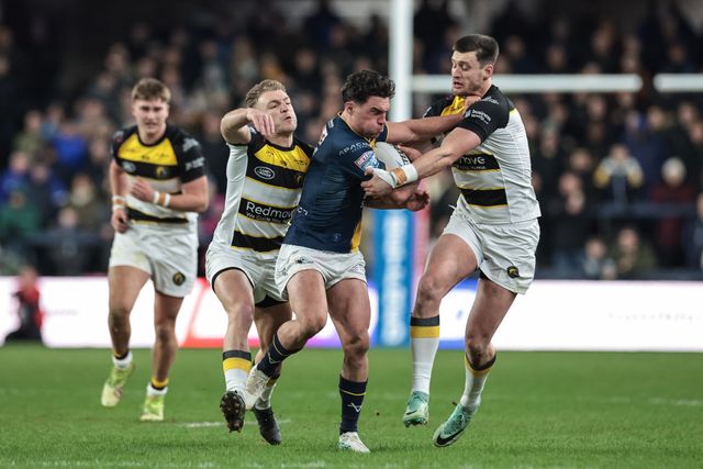 Brodie Croft of Leeds Rhinosis tackled by Sam Wood of York Knights during the Betfred Super League Round 2 match Leeds Rhinos vs York Knights at AMT Headingley Stadium, Leeds, United Kingdom on 20 February 2026

(Photo by Mark Cosgrove/News Images)