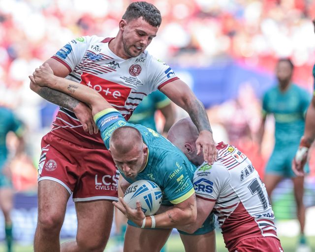 Mikey Lewis of Hull KR is tackled by Liam Farrell of Wigan Warriors during the Betfred Challenge Cup Final match Wigan Warriors vs Hull KR at Wembley Stadium, London, United Kingdom on 30 May 2026

(Photo by Mark Cosgrove/News Images)