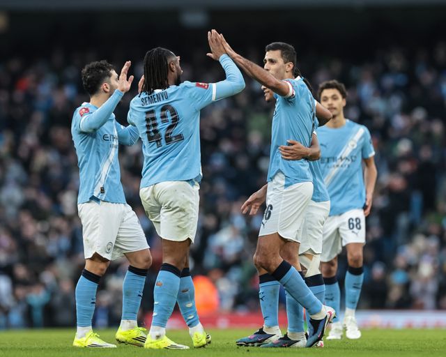 Rodrigo of Manchester City celebrates his goal to make it 2-0 with Antoine Semenyo of Manchester City during the Emirates FA Cup Third Round match Manchester City vs Exeter City at Etihad Stadium, Manchester, United Kingdom, 10th January 2026

(Photo by Mark Cosgrove/News Images)