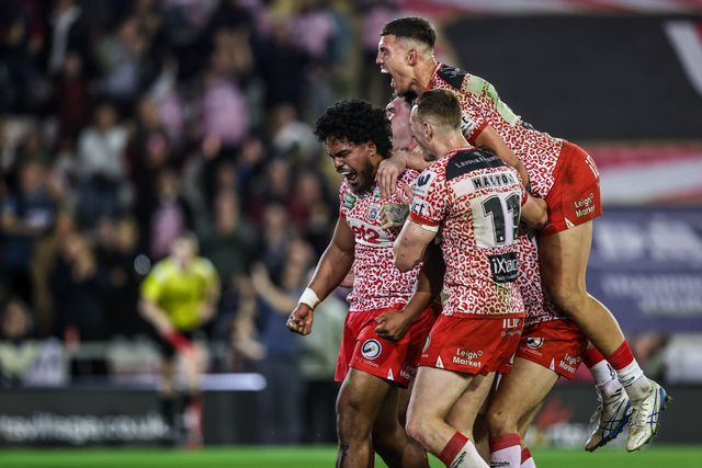 Alec Tuitavake of Leigh Leopards celebrates his try making it 24-4 during the Betfred Super League play-off Eliminator 1 match Leigh Leopards vs Wakefield Trinity at Progress With Unity Stadium, Leigh, United Kingdom, 26th September 2025

(Photo by Alfie Cosgrove/News Images)