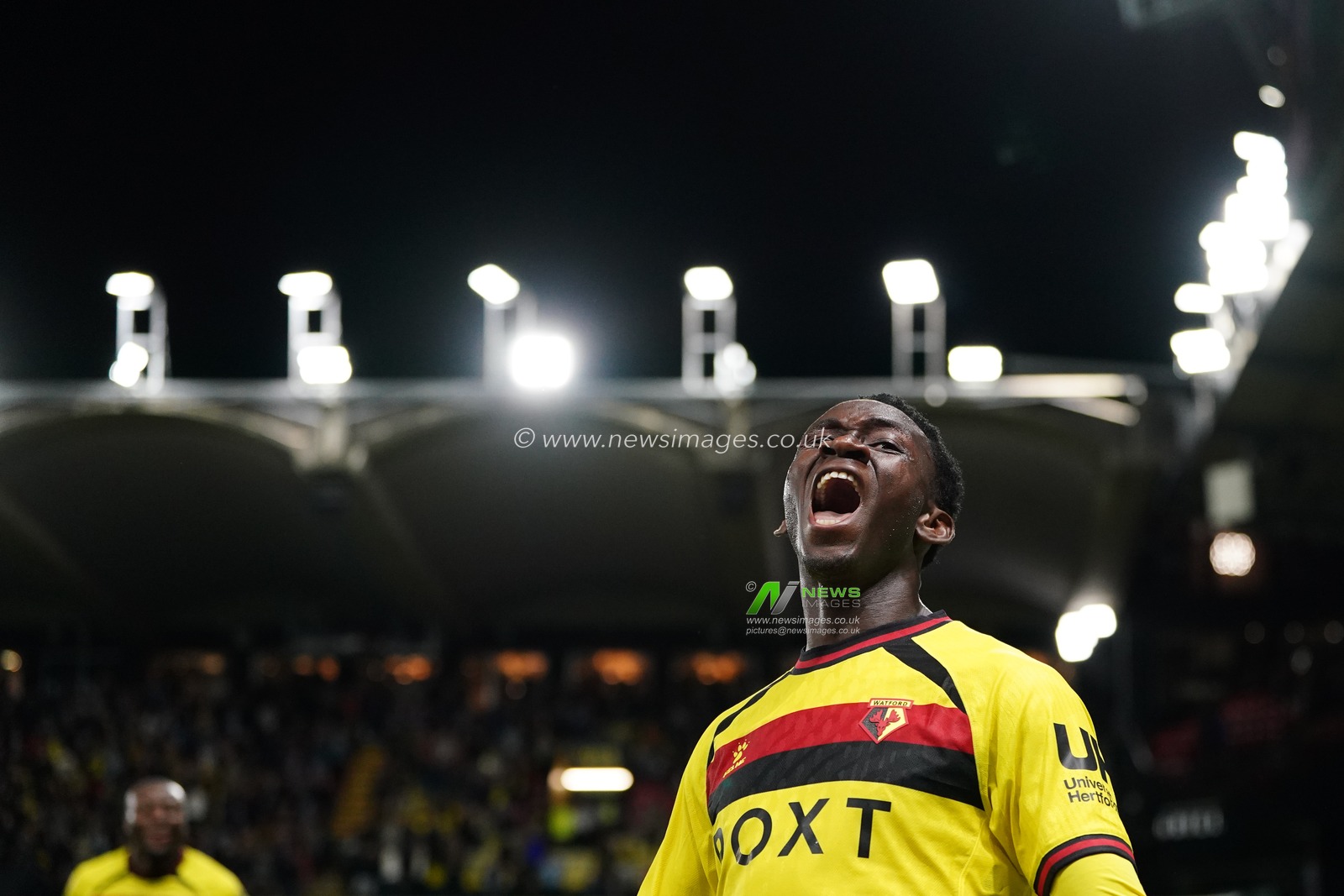 Mamadou Doumbia of Watford celebrates his goal during the Sky Bet Championship match Watford vs Preston North End at Vicarage Road, Watford, United Kingdom on 08 September 2026

(Photo by Harvey Murphy/News Images)