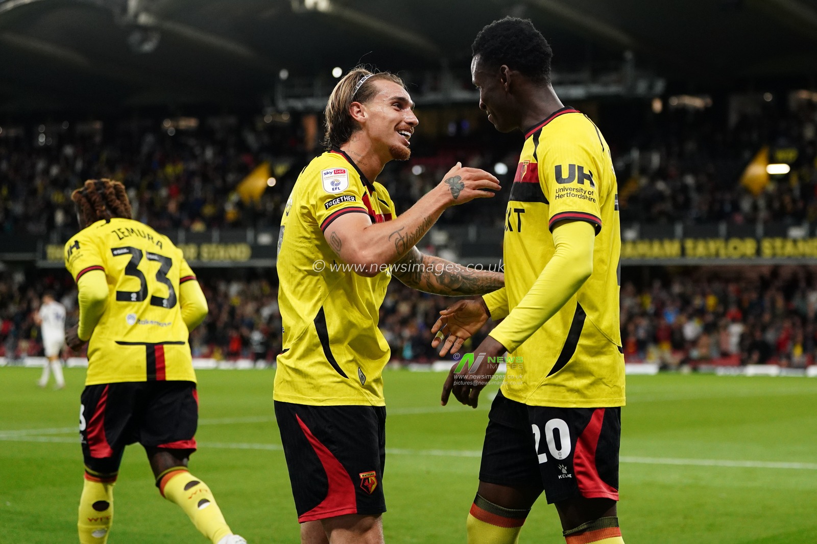 Iker Bravo of Watford and Mamadou Doumbia of Watford celebrate 2-1 lead during the Sky Bet Championship match Watford vs Preston North End at Vicarage Road, Watford, United Kingdom on 08 September 2026

(Photo by Harvey Murphy/News Images)