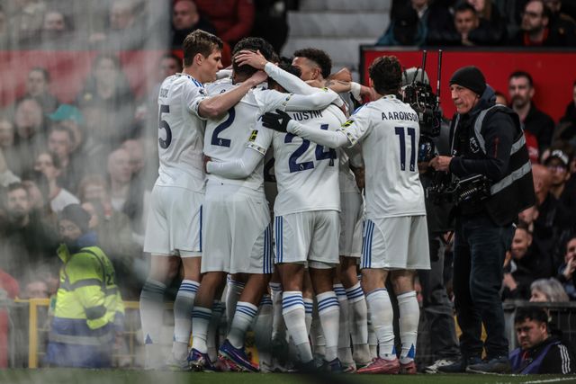 Noah Okafor of Leeds United celebrates his goal to make it 0-1 during the Premier League match Manchester United vs Leeds United at Old Trafford, Manchester, United Kingdom on 13 April 2026

(Photo by Mark Cosgrove/News Images)