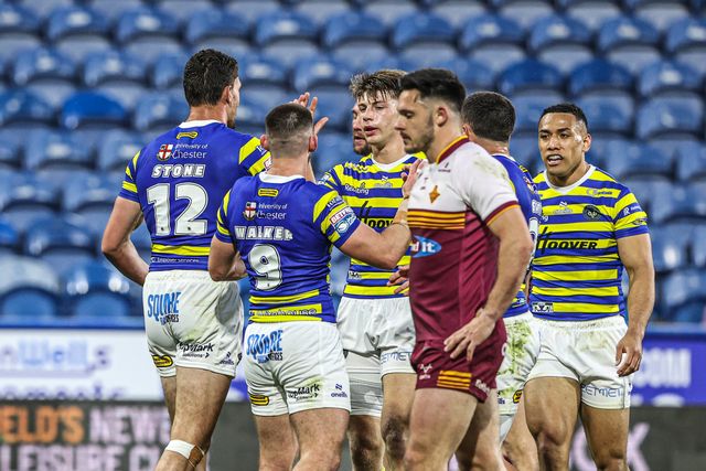 Sam Stone of Warrington Wolves celebrates his try during the Betfred Super League round 10 match Huddersfield Giants vs Warrington Wolves at Accu Stadium, Huddersfield, United Kingdom on 02 May 2026

(Photo by Alfie Cosgrove/News Images)