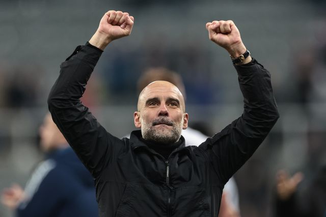 Pep Guardiola manager of Manchester City celebrates the 1-3 win with the traveling fans during the Emirates FA Cup 5th Round  match Newcastle Untied vs Manchester City at St. James's Park, Newcastle, United Kingdom on 07 March 2026

(Photo by Mark Cosgrove/News Images)