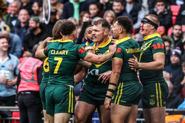 Angus Crichton of Australia celebrates his try during the The Ashes Series 2025 England vs Australia at Wembley Stadium, London, United Kingdom, 25th October 2025

(Photo by Alfie Cosgrove/News Images)