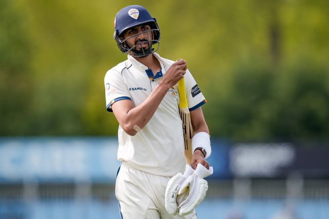 Shoaib Bashir walks off after being given out LBW off the bowling of Graeme van Buuren as Gloucestershire players celebrate a wicket during the County Championship Division Two Derbyshire v Gloucestershire at The Central Co-Op County Ground, Derby, United Kingdom on 26 April 2026

(Photo by Maynard Manyowa/News Images)