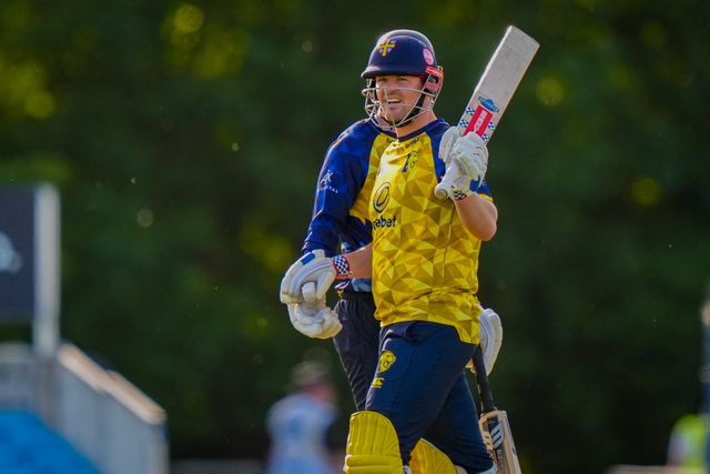 Alex Lees of Durham celebrates getting to 50 with Graham Clark of Durham by raising his bat towards the pavilion during the Vitality Blast T20 match between Derbyshire Falcons and Durham Cricket at The Central Co-Op County Ground, Derby, United Kingdom on 22 May 2026

(Photo by Maynard Manyowa/News Images)