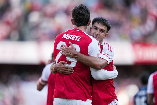 Kai Havertz of Arsenal and Martin Zubimendi of Arsenal celebrate goal during the Pre-season friendly match Arsenal vs Athletic Bilbao at Emirates Stadium, London, United Kingdom, 9th August 2025

(Photo by Harvey Murphy/News Images)