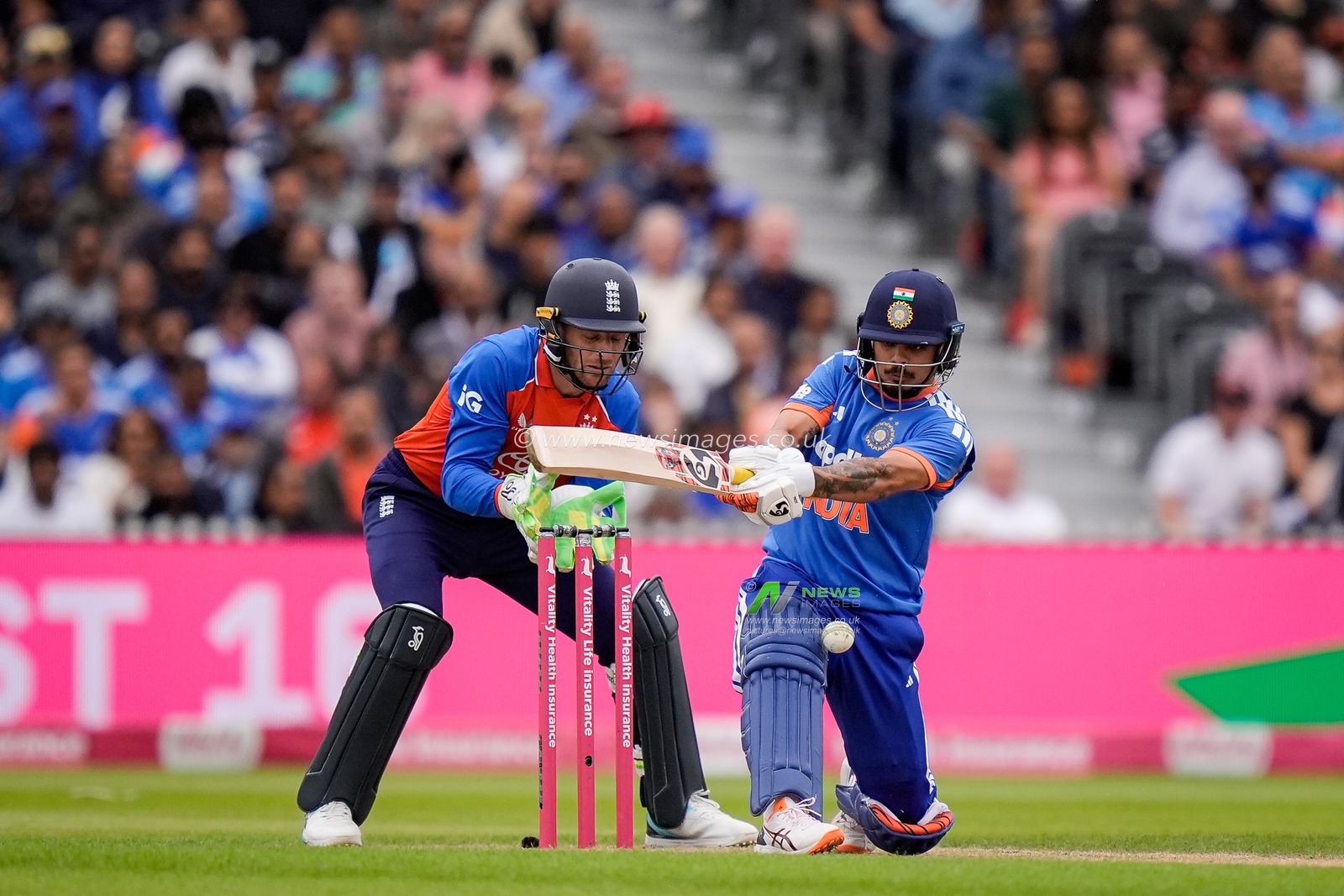 Ishan Kishan of India plays a sweet shot with Jos Buttler of England wicket keeping during the Second Vitality T20 International match England vs India at Old Trafford, Manchester, United Kingdom on 04 July 2026

(Photo by Maynard Manyowa/News Images)