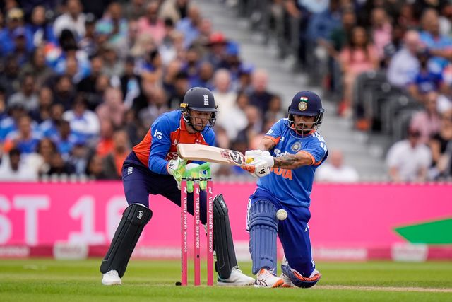 Ishan Kishan of India plays a sweet shot with Jos Buttler of England wicket keeping during the Second Vitality T20 International match England vs India at Old Trafford, Manchester, United Kingdom on 04 July 2026

(Photo by Maynard Manyowa/News Images)