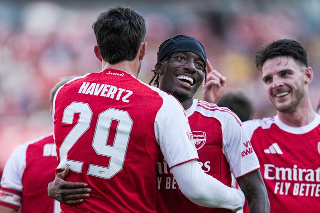 Kai Havertz of Arsenal and Noni Madueke of Arsenal celebrate 3rd goal during the Pre-season friendly match Arsenal vs Athletic Bilbao at Emirates Stadium, London, United Kingdom, 9th August 2025

(Photo by Harvey Murphy/News Images)