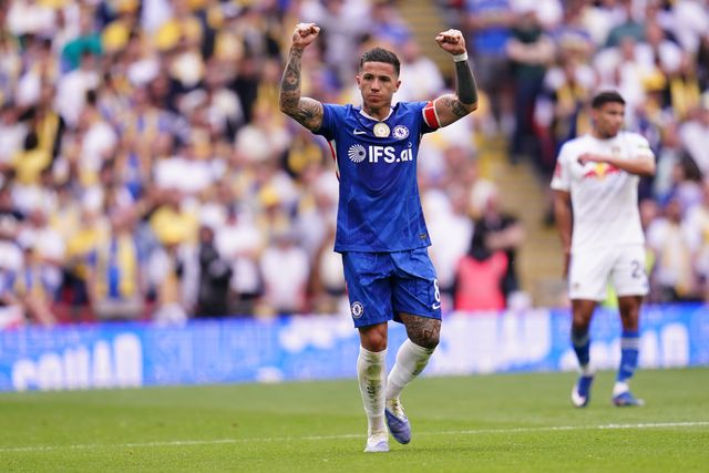 Enzo Fernandez of Chelsea celebrates his goal to make it 1-0 during the Emirates FA Cup Semi-Final match Chelsea vs Leeds United at Wembley Stadium, London, United Kingdom on 26 April 2026

(Photo by Harvey Murphy/News Images)
