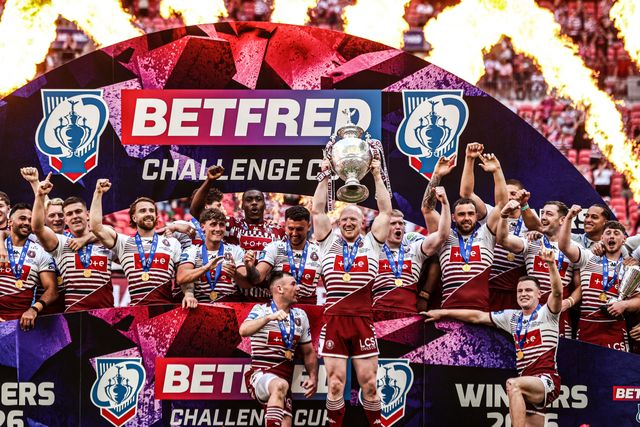 Liam Farrell of Wigan Warriors lifts the Betfred Challenge Cup Final Trophy during the Betfred Challenge Cup Final match Wigan Warriors vs Hull KR at Wembley Stadium, London, United Kingdom on 30 May 2026

(Photo by Alfie Cosgrove/News Images)