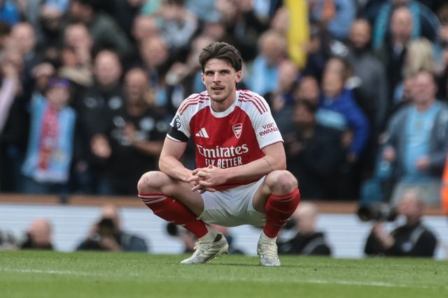A dejected Declan Rice of Arsenal after losing 2-1 during the Premier League match Manchester City vs Arsenal at Etihad Stadium, Manchester, United Kingdom on 19 April 2026

(Photo by Mark Cosgrove/News Images)