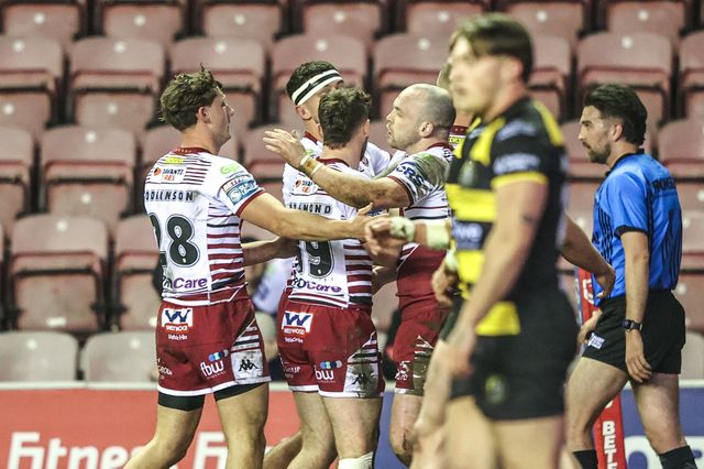 Liam Marshall of Wigan Warriors celebrates his try during the Betfred Super League round 5 match Wigan Warriors vs York Knights at The Brick Community Stadium, Wigan, United Kingdom on 19 March 2026

(Photo by Alfie Cosgrove/News Images)