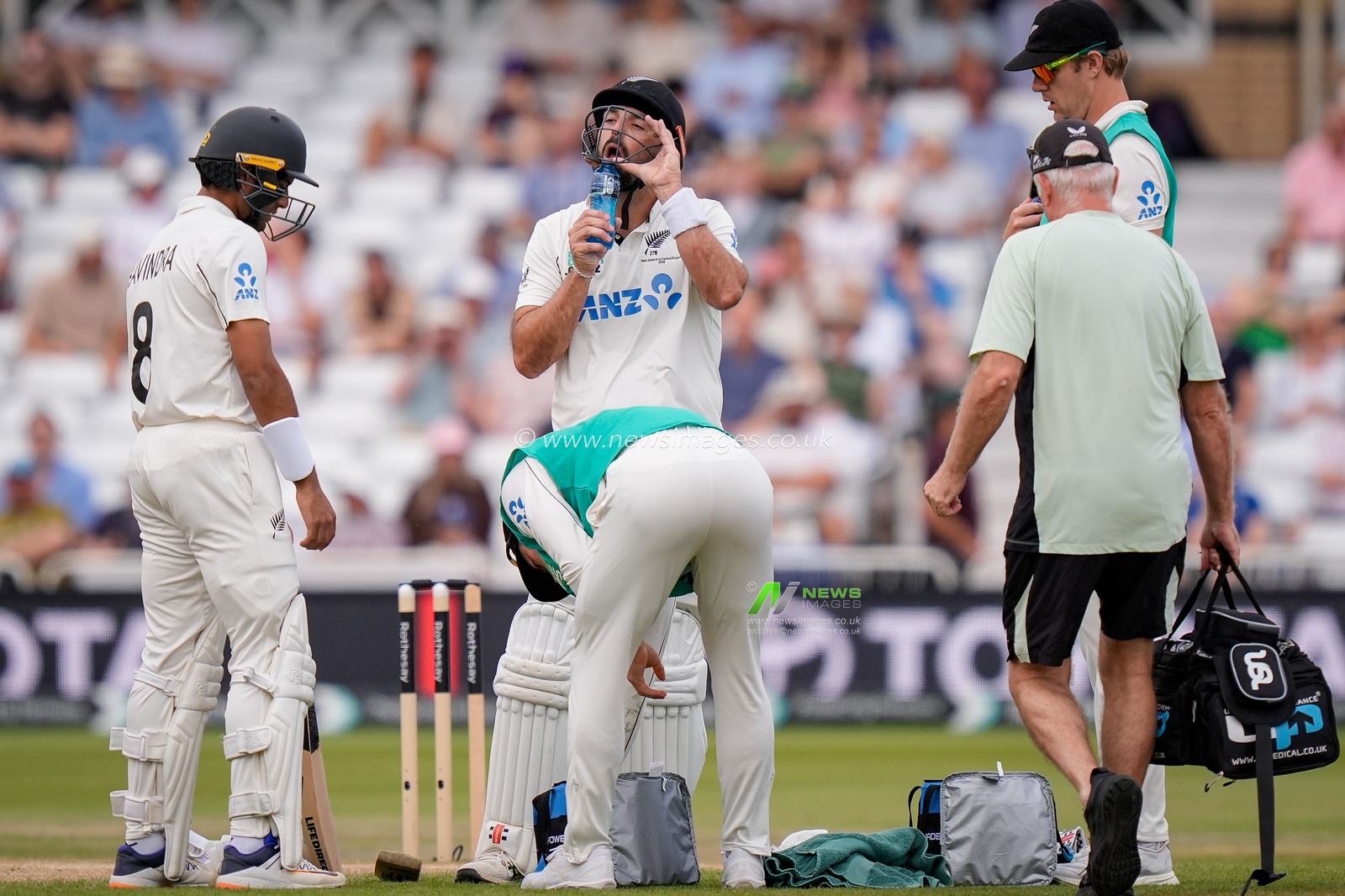 Daryl Mitchell of New Zealand receives treatment after being struck on the forearm by a bouncer from England captain Ben Stokes during the 3rd Rothesay Test Match Day 4 match England vs New Zealand at Trent Bridge, Nottingham, United Kingdom on 28 June 2026

(Photo by Maynard Manyowa/News Images)
