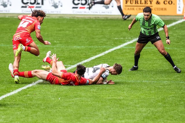 Logan Moy of Hull FC goes over for a try during the Betfred Super League round 6 match Hull FC vs Catalans Dragons at MKM Stadium, Hull, United Kingdom on 29 March 2026

(Photo by Alfie Cosgrove/News Images)