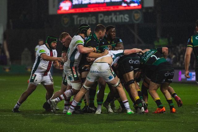 Leicester Tigers and Northampton Saints tussle for the ball during the Gallagher Premiership match Northampton Saints vs Leicester Tigers at Cinch Stadium at Franklin's Gardens, Northampton, United Kingdom, 21st March 2025

(Photo by Craig Evans/News Images)