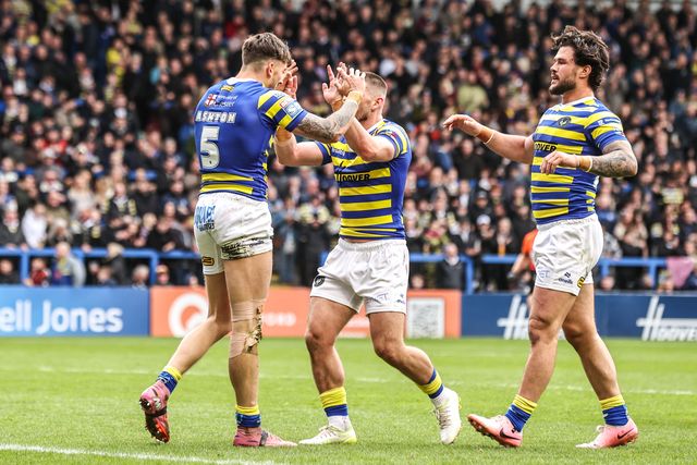 Matty Ashton of Warrington Wolves celebrates his try during the Betfred Super League round 7 match Warrington Wolves vs Leigh Leopards at The Halliwell Jones Stadium, Warrington, United Kingdom on 04 April 2026

(Photo by Alfie Cosgrove/News Images)